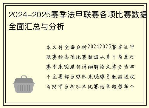 2024-2025赛季法甲联赛各项比赛数据全面汇总与分析