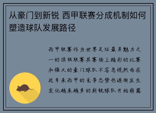 从豪门到新锐 西甲联赛分成机制如何塑造球队发展路径