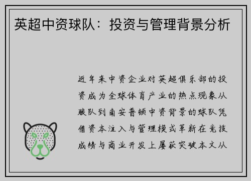 英超中资球队：投资与管理背景分析