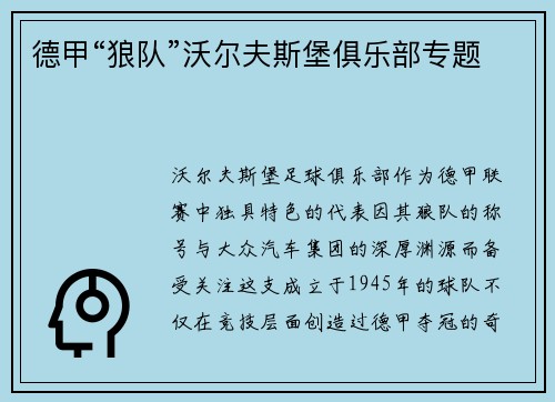 德甲“狼队”沃尔夫斯堡俱乐部专题